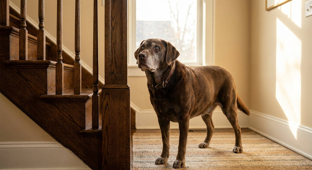 Senior dog at the foot of the stairs